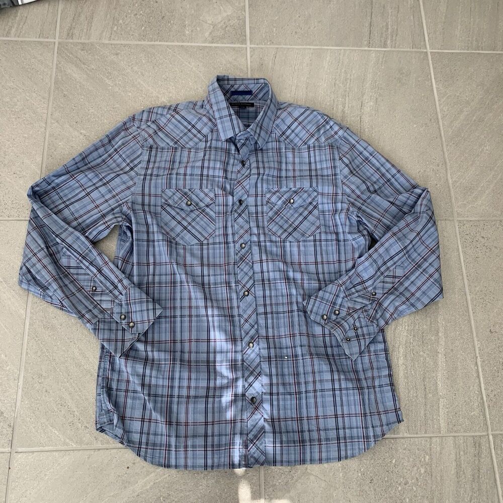 Men's Banana Republic XL 17-17.5 Blue Plaid Dress Shirt Button Down 98% Cotton
